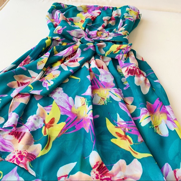 Teal Floral Print Belted Dress - Express Size 0 - Picture 2 of 4